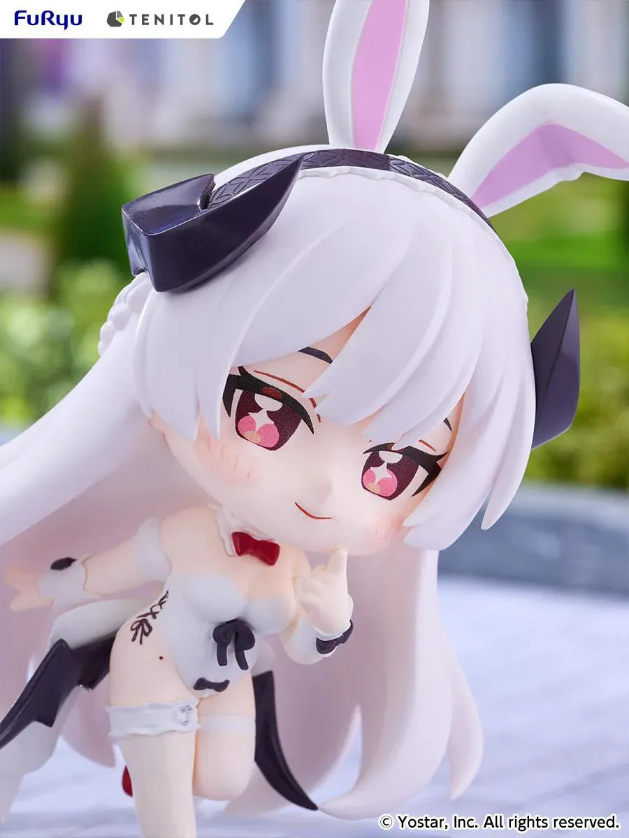 Stella Sora TENITOL Mini Virigia Bunny Figure by FuRyu featuring a white-haired anime girl with pink eyes, oversized bunny ears, a white bunny outfit with black accents, red bow tie, and matching shoes in a playful pose.