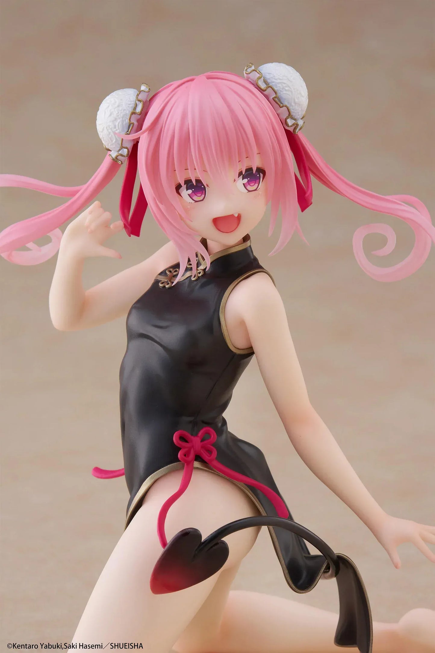 To Love-Ru Darkness Desktop Cute Nana (Chinese Dress Ver.) Figure featuring Nana Astar Deviluke in a black and red cheongsam with twin tails and heart-shaped tail design.