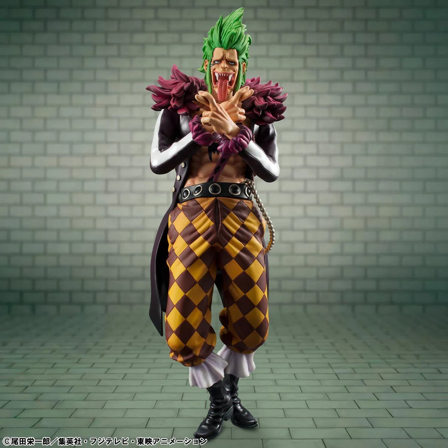 One Piece Portrait Of Pirates Limited Edition Bartolomeo the Cannibal figure with green hair, black coat, and checkered pants