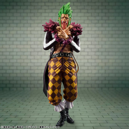 One Piece Portrait Of Pirates Limited Edition Bartolomeo the Cannibal figure with green hair, black coat, and checkered pants