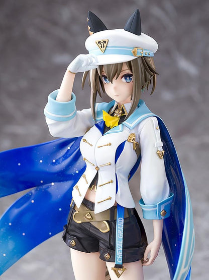 Umamusume Pretty Derby Cheval Grand 1/7 Scale Figure Rerelease featuring Cheval Grand with horse ears, blue-and-white race outfit, starry blue cape, cap, and sporty boots.