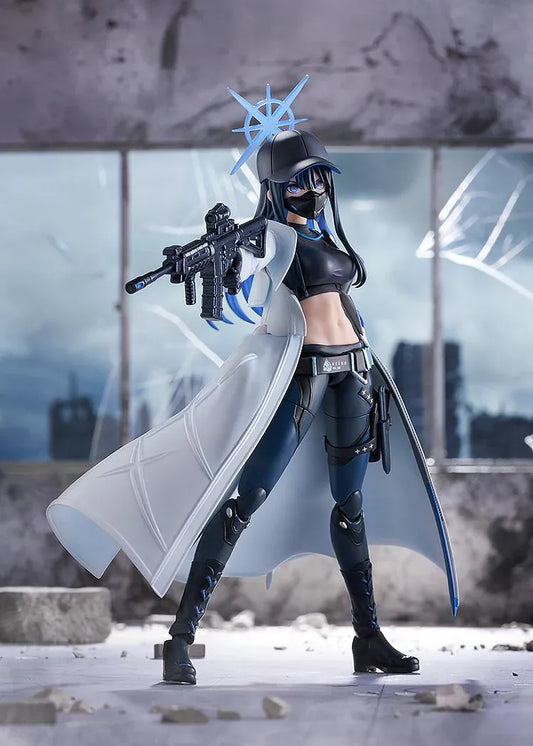 Blue Archive figma Saori Joumae figure featuring Saori in a tactical black outfit, white coat, cap, face mask, and weapon accessory