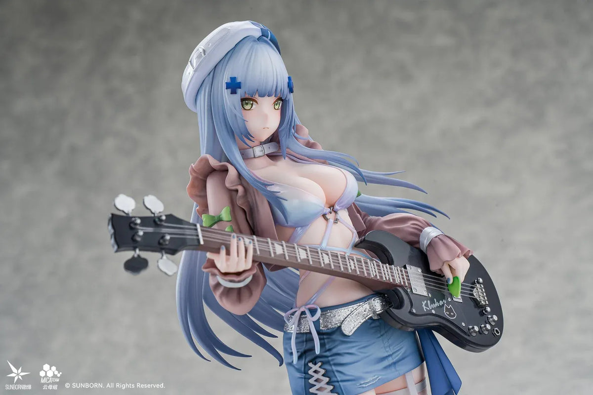 Girls' Frontline Klukai 10th Anniversary 1/6 scale figure with pale blue hair, a beret, brown jacket, blue skirt, and black bass guitar.