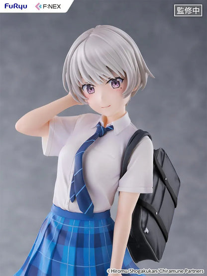 Chitose Is in the Ramune Bottle Asuka Nishino 1/7 Scale Figure with short silver hair, blue plaid skirt, school uniform outfit, backpack, drink bottle accessory, and display base
