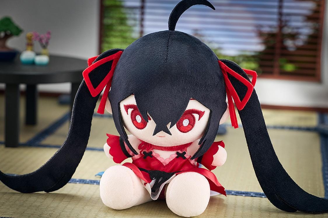 Azur Lane Taihou Private Quarters Punipuni Plushie featuring Taihou with black twin tails, red eyes, and her elegant red outfit in a soft plush design
