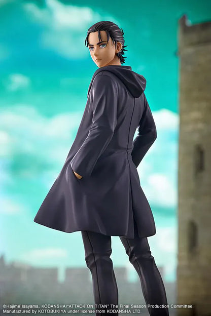 Attack on Titan Oshi Works Eren Yeager The Final Season Ver. Figure featuring Eren with slicked-back hair, dark coat, serious expression, and display base.
