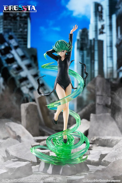 Terrible Tornado Dressta figure floating in a black dress surrounded by translucent green psychic energy effects on a rocky base.