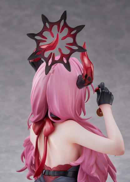 Blue Archive Satsuki Memorial Lobby 1/7 scale figure kneeling in a black-and-red outfit with flowing pink hair, horns, and a dark halo.