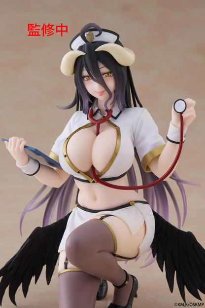 Overlord Desktop Cute Albedo (Nurse Ver.) Figure featuring Albedo in a white nurse outfit with wings, stethoscope, and elegant smile.
