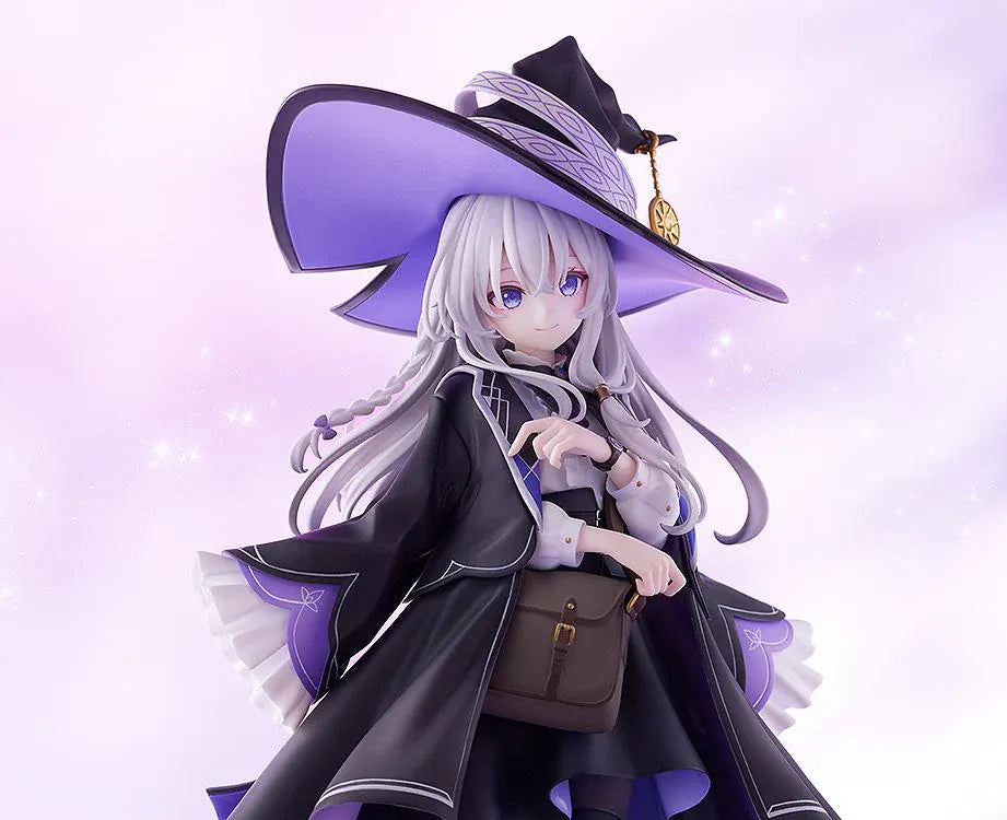 Wandering Witch The Journey of Elaina Elaina 1/7 Scale Figure with silver hair, black and purple witch outfit, wide hat, cloak, and travel bag
