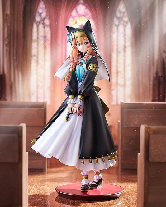 Blue Archive Mari 1/7 scale figure rerelease wearing a black-and-white nun-inspired dress with gold accents and peach-colored hair