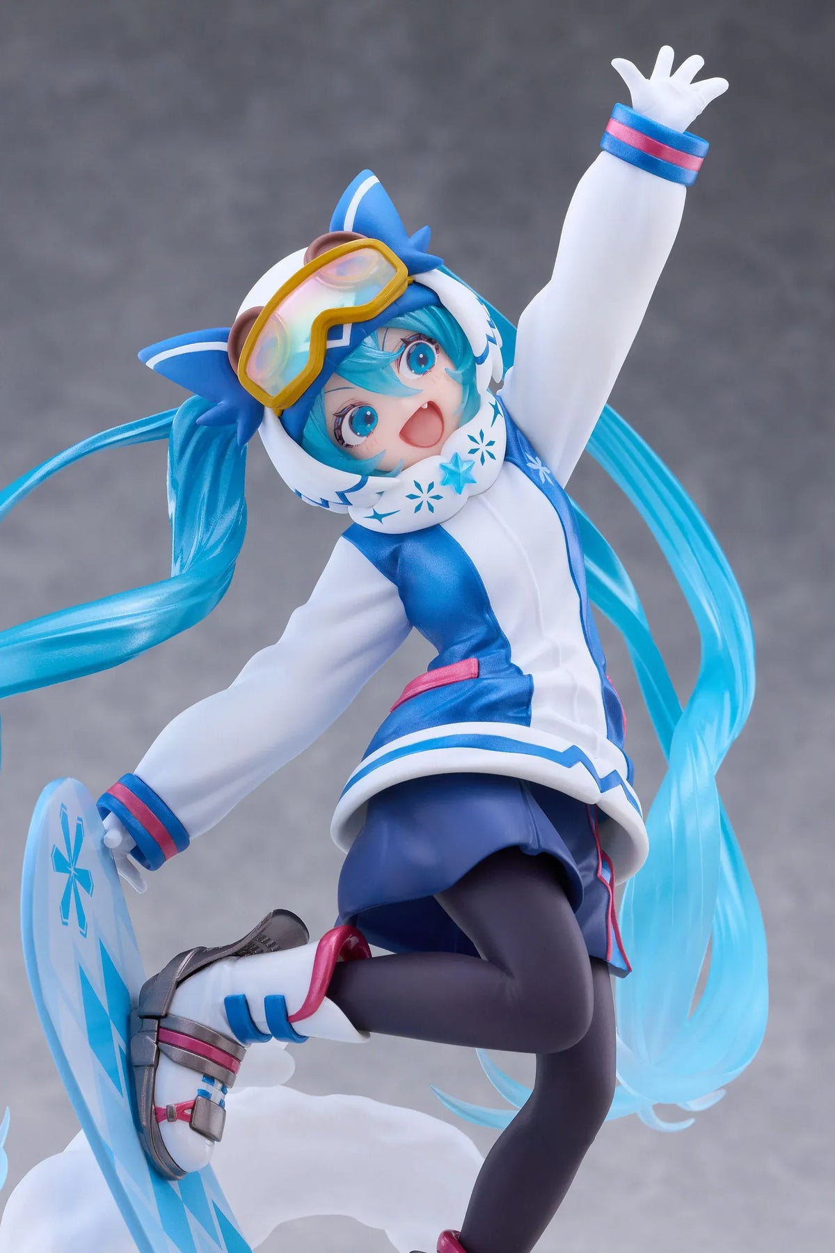 Snow Miku AMP+ All Stars 2016 Ver. figure posing on a blue patterned snowboard with goggles, flowing turquoise twin tails, and a snow effect base.