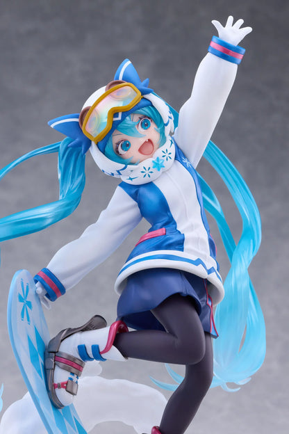 Snow Miku AMP+ All Stars 2016 Ver. figure posing on a blue patterned snowboard with goggles, flowing turquoise twin tails, and a snow effect base.