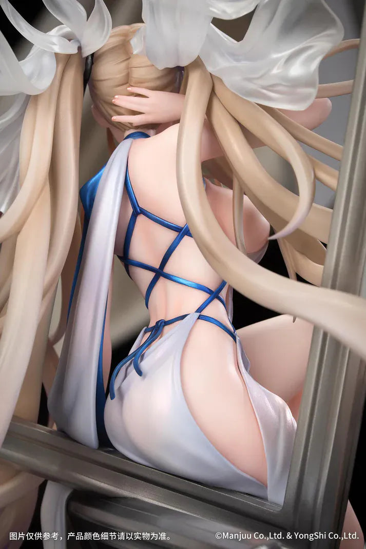 Azur Lane Formidable Anniversary Memories Ver. 1/7 Scale Figure featuring Formidable with long blonde hair, blue-and-white outfit, elegant seated pose, and mirror-style display base.