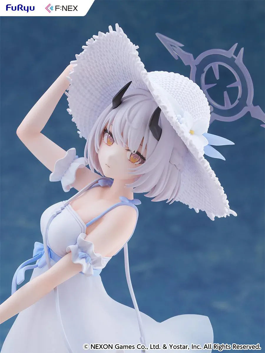 Blue Archive Sena Casual 1/7 Scale Figure featuring Sena with short silver hair, white dress, wide-brim hat, sandals in hand, and seaside-themed display base.
