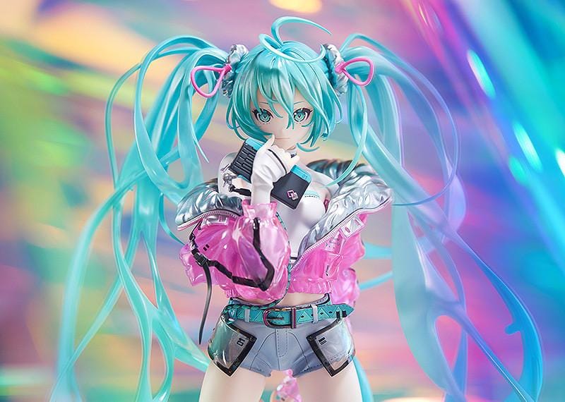 Hatsune Miku with SOLWA 1/7 Scale Figure Rerelease featuring Miku with teal twin tails, metallic pink jacket, silver outfit details, and a colorful display base.
