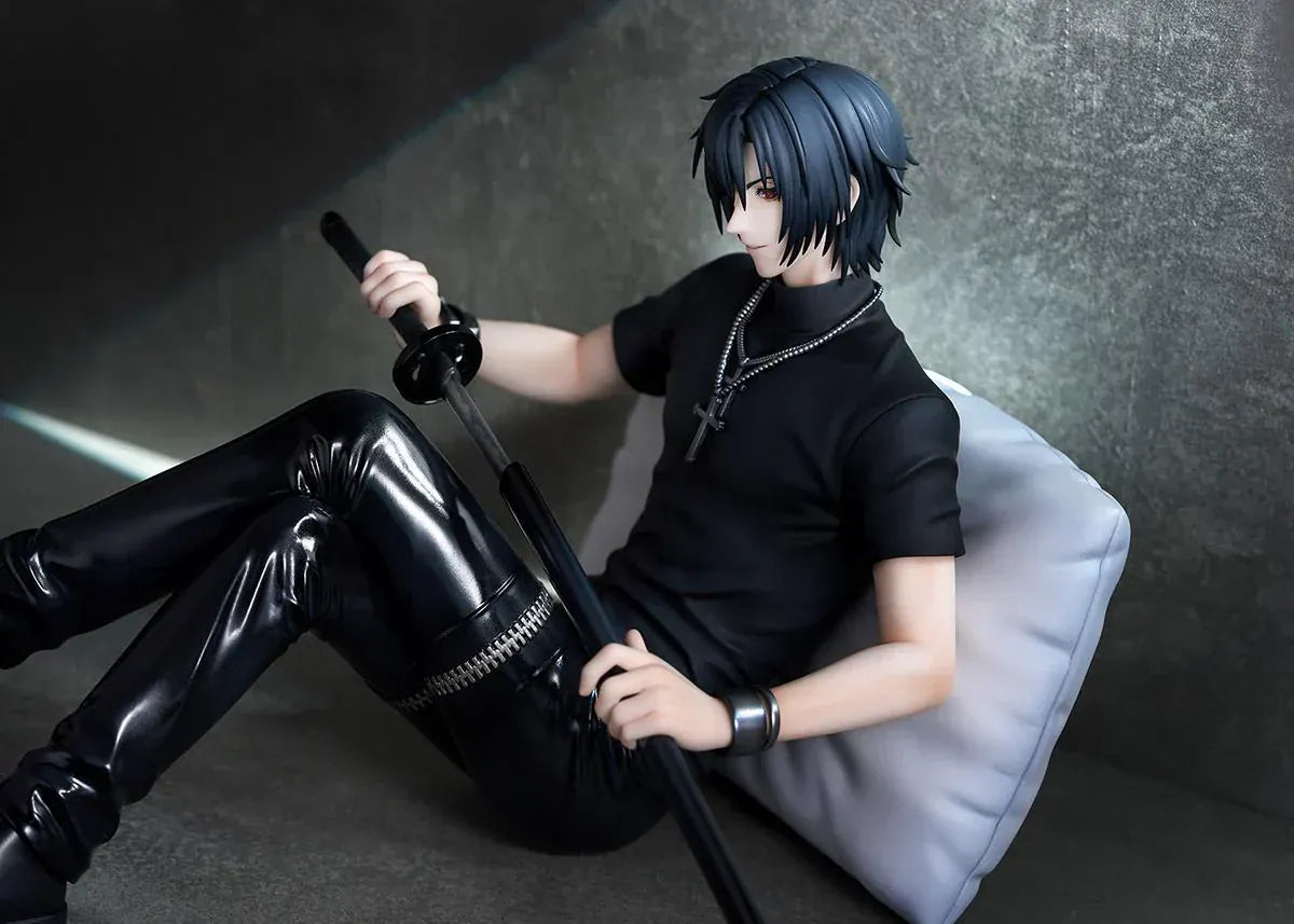 Shiki 1/7 scale figure from Togainu no Chi sitting with sword wearing black outfit on cushion base