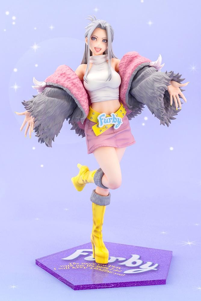 Furby Bishoujo Figure with fashionable character in sunglasses, fuzzy jacket, yellow boots, Furby companion, and glittery display base