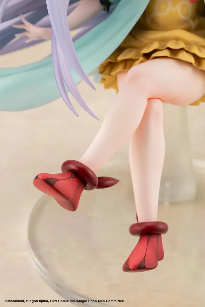 Magic Repo Man Empee 1/1 Scale Figure featuring a cheerful lavender-haired fairy with golden wings, a yellow dress, mint-green jacket, red bow, and matching shoes in a playful floating pose.