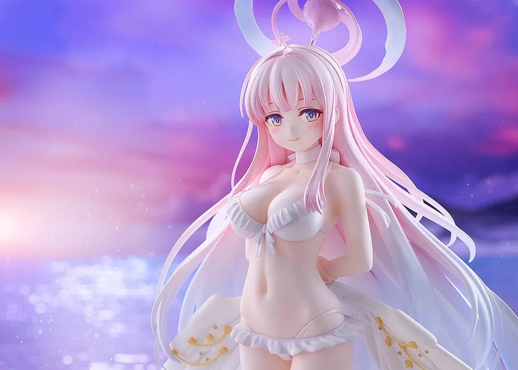 Blue Archive Mika Swimsuit figure with long pink and lavender hair, a white ruffled swimsuit, halo, feathered wings, and ribbon heels on a purple base.