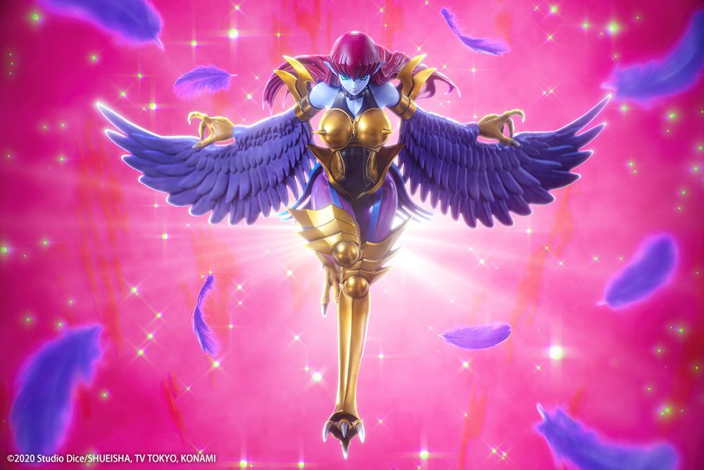 Harpie Lady figure posed in flight with outstretched purple wings, red hair, and gold Cyber Shield armor above a black display base.