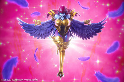 Harpie Lady figure posed in flight with outstretched purple wings, red hair, and gold Cyber Shield armor above a black display base.