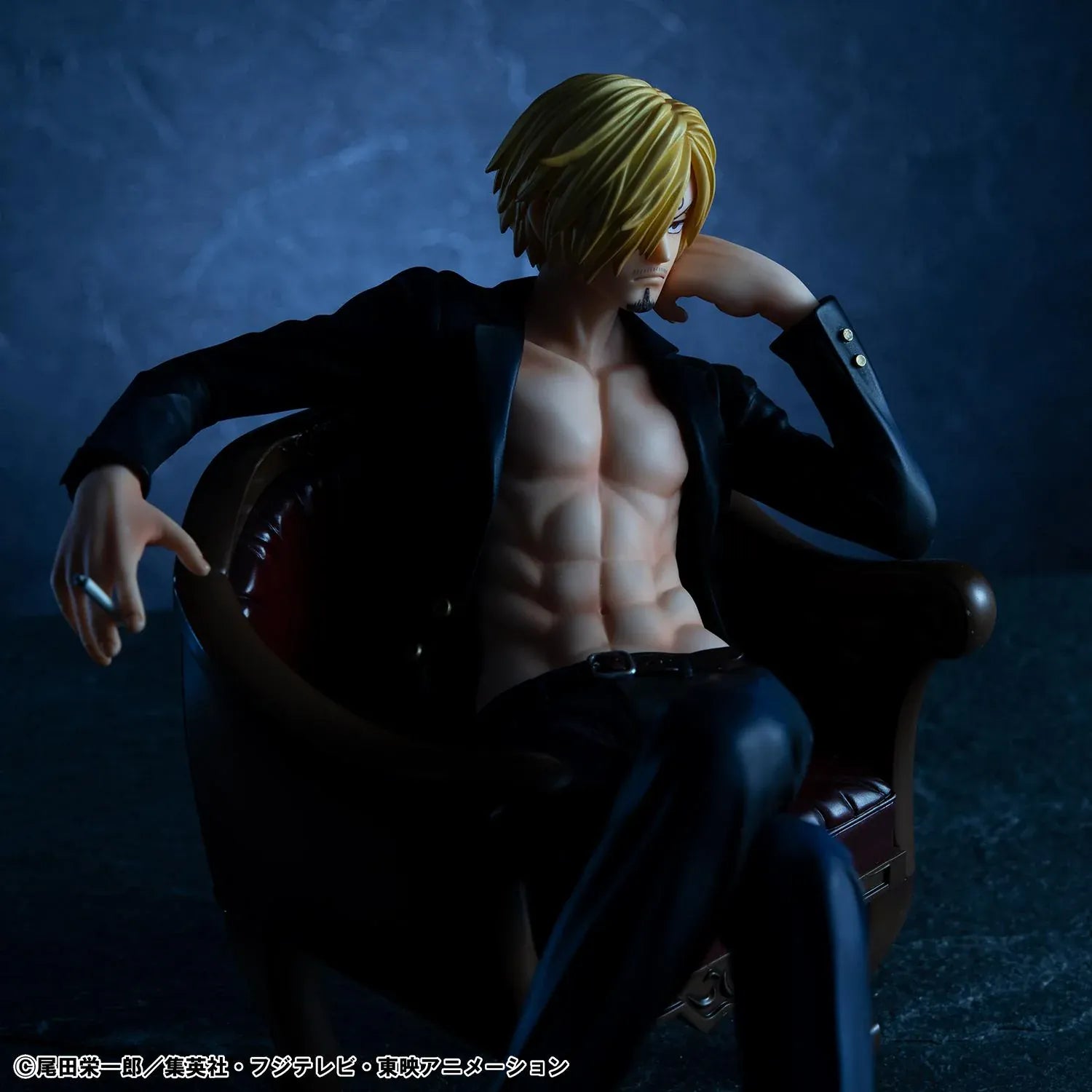 One Piece Portrait of Pirates S.O.C. Sanji Ver.R Figure seated in a chair with black suit, blonde hair, cigarette accessory, and relaxed pose