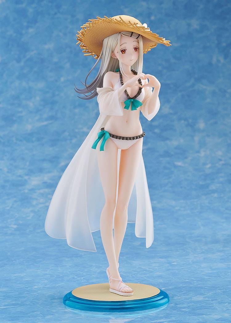 The Idolmaster Gakuen Hiro Shinosawa Swimsuit Ver 1/7 scale figure with straw hat, white swimsuit, and translucent beach cover-up on sand-style base