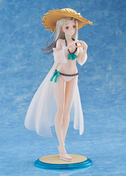 The Idolmaster Gakuen Hiro Shinosawa Swimsuit Ver 1/7 scale figure with straw hat, white swimsuit, and translucent beach cover-up on sand-style base