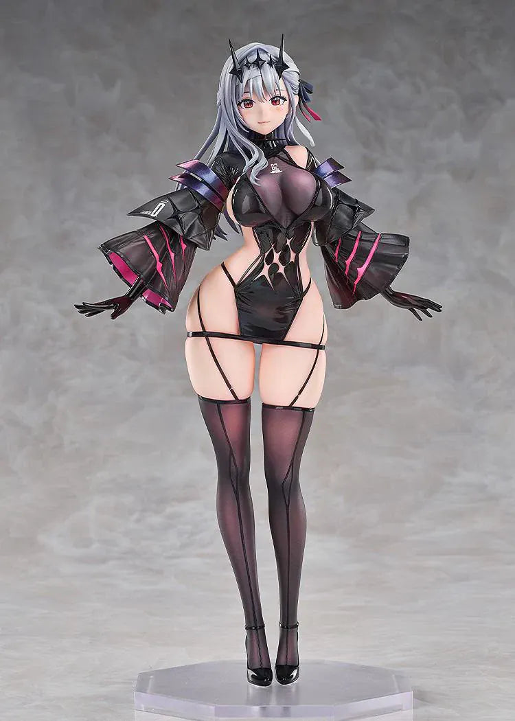 1/7 scale figure of Modernia from Goddess of Victory: Nikke in her Second Affection outfit, wearing a black coat with crimson lining and large mechanical wing units extending from her sides.