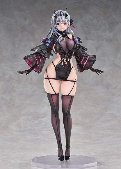 1/7 scale figure of Modernia from Goddess of Victory: Nikke in her Second Affection outfit, wearing a black coat with crimson lining and large mechanical wing units extending from her sides.