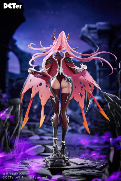 Heslion Draco Bellatrix Feminina 1/7 scale figure with pink hair, curved horns, dark crimson armor, wing-like elements, and a rocky base.