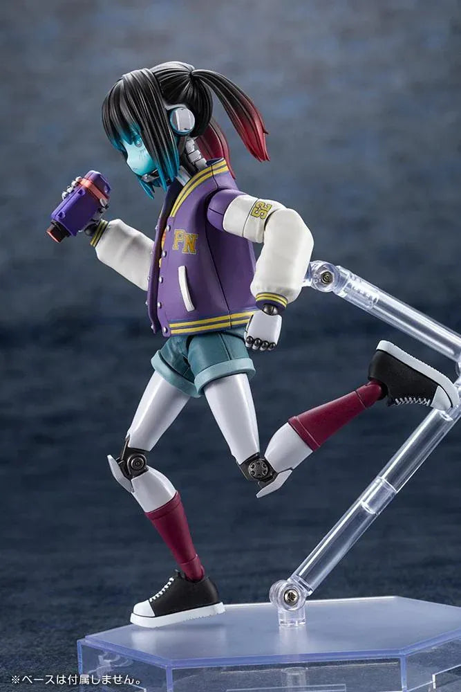 Milky Subway The Galactic Limited Express Makina Model Kit Figure featuring a robotic anime girl with black twin-tail hair, a blue-tinted face, a purple varsity jacket with white sleeves, denim shorts, mechanical arms and legs, burgundy socks, and black-and-white sneakers.