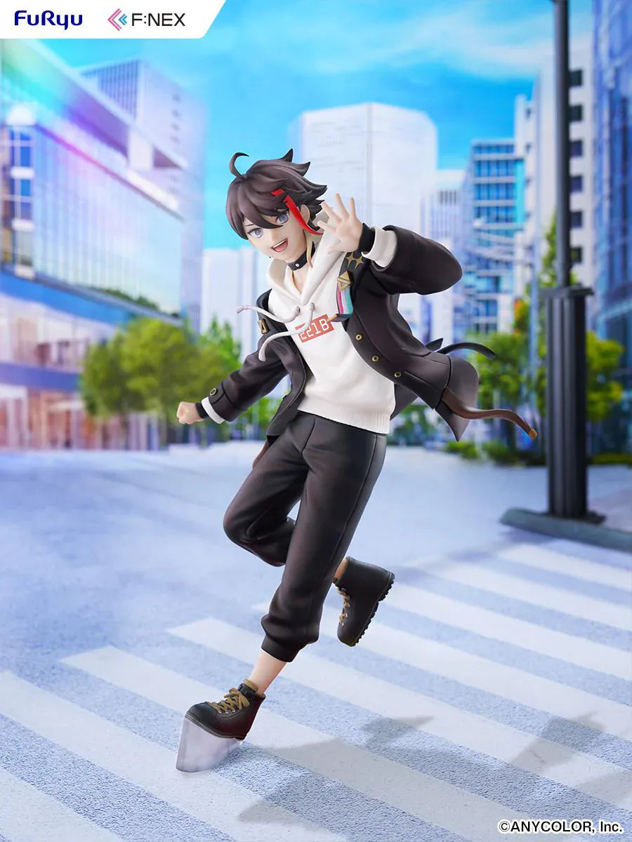 Nijisanji Saegusa Akina 1/7 Scale Figure with black jacket, white hoodie, red accent, dynamic pose, and character-themed display base