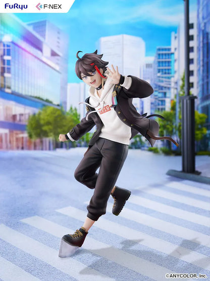 Nijisanji Saegusa Akina 1/7 Scale Figure with black jacket, white hoodie, red accent, dynamic pose, and character-themed display base