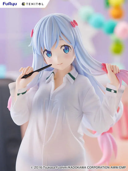 Eromanga Sensei Tenitol Tall Sagiri Izumi (Shirt Ver.) Figure by FuRyu, featuring Sagiri holding a pen while wearing a translucent oversized shirt and smiling softly.