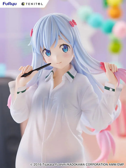 Eromanga Sensei Tenitol Tall Sagiri Izumi (Shirt Ver.) Figure by FuRyu, featuring Sagiri holding a pen while wearing a translucent oversized shirt and smiling softly.