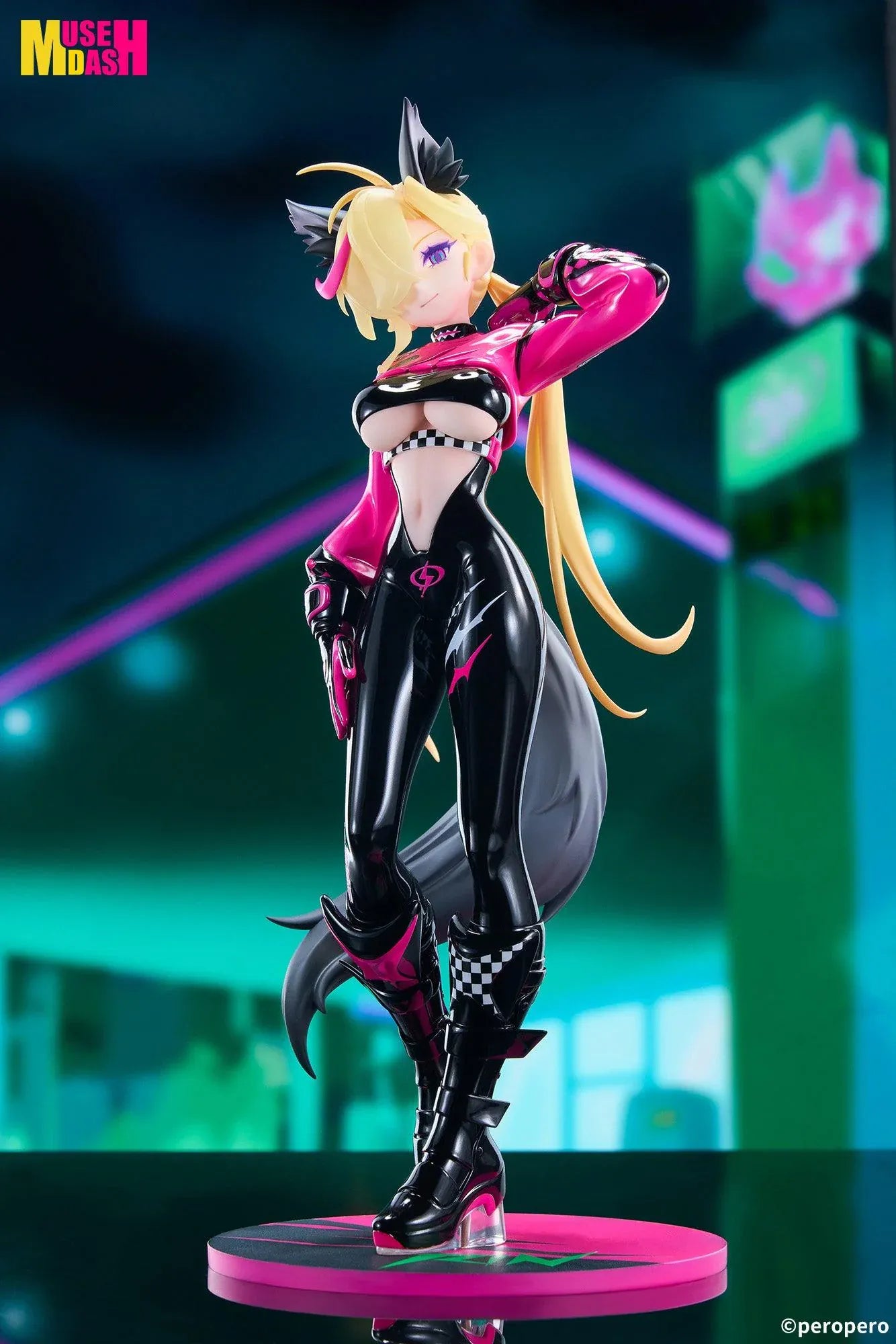 Muse Dash LIMEPIE Rin Racer 1/8 scale figure wearing a glossy black-and-pink racing outfit.
