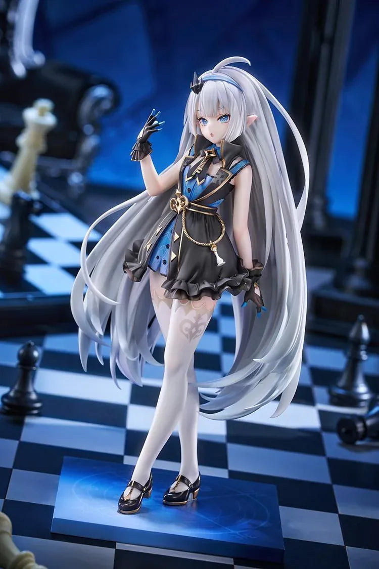 Stella Sora female Tyrant 1/7 scale figure with long silver-blue hair, a black-and-blue ruffled outfit, white stockings, and a blue display base.