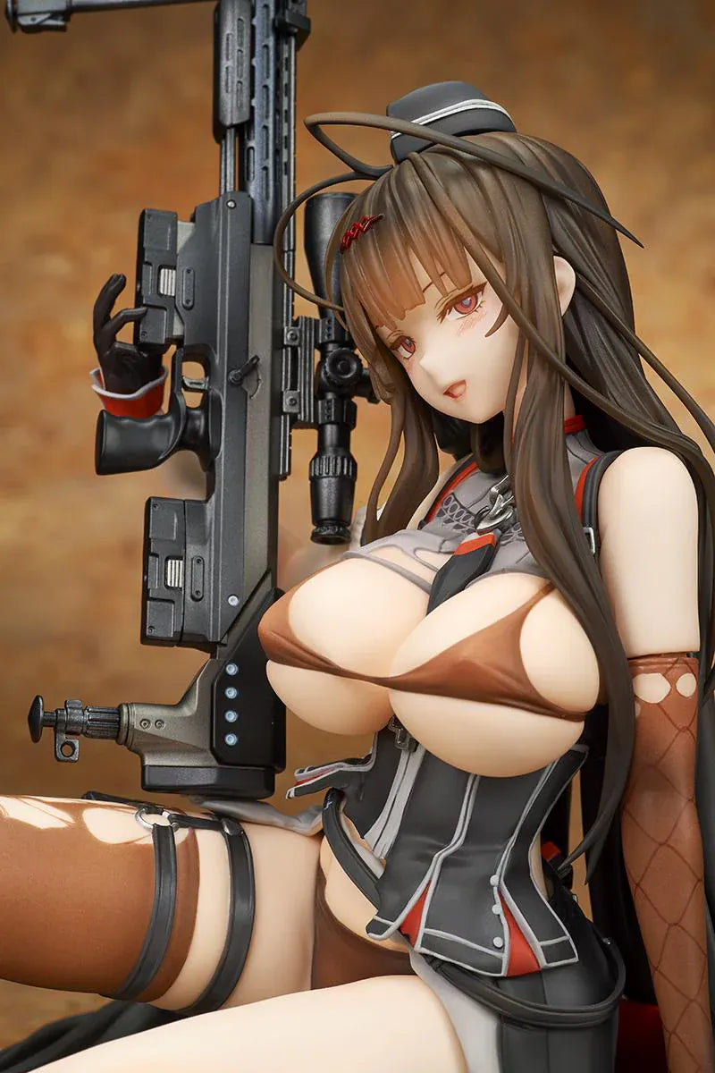 Girls' Frontline GD DSR-50 Heavy Damage 1/7 Scale Figure seated with long brown hair, tactical outfit, sniper rifle accessory, and clear display base