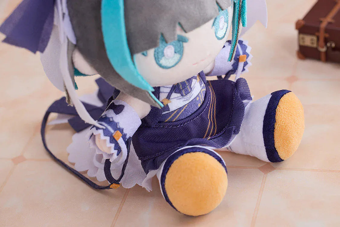 Azur Lane Cheshire Punipuni plushie with gray and teal hair, cat ears, embroidered eyes, and navy outfit sitting pose
