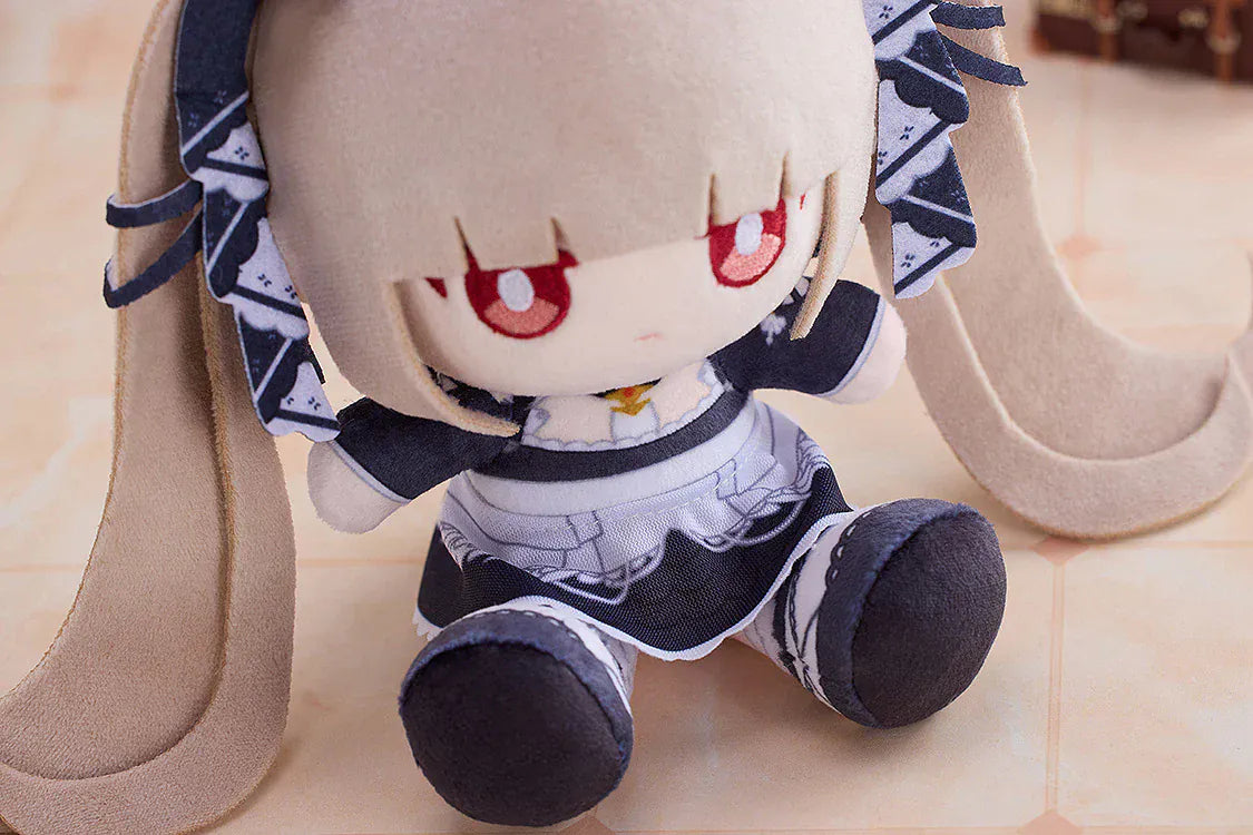 Azur Lane Formidable Punipuni plushie with long blonde twin tails, red embroidered eyes, and navy outfit in seated pose