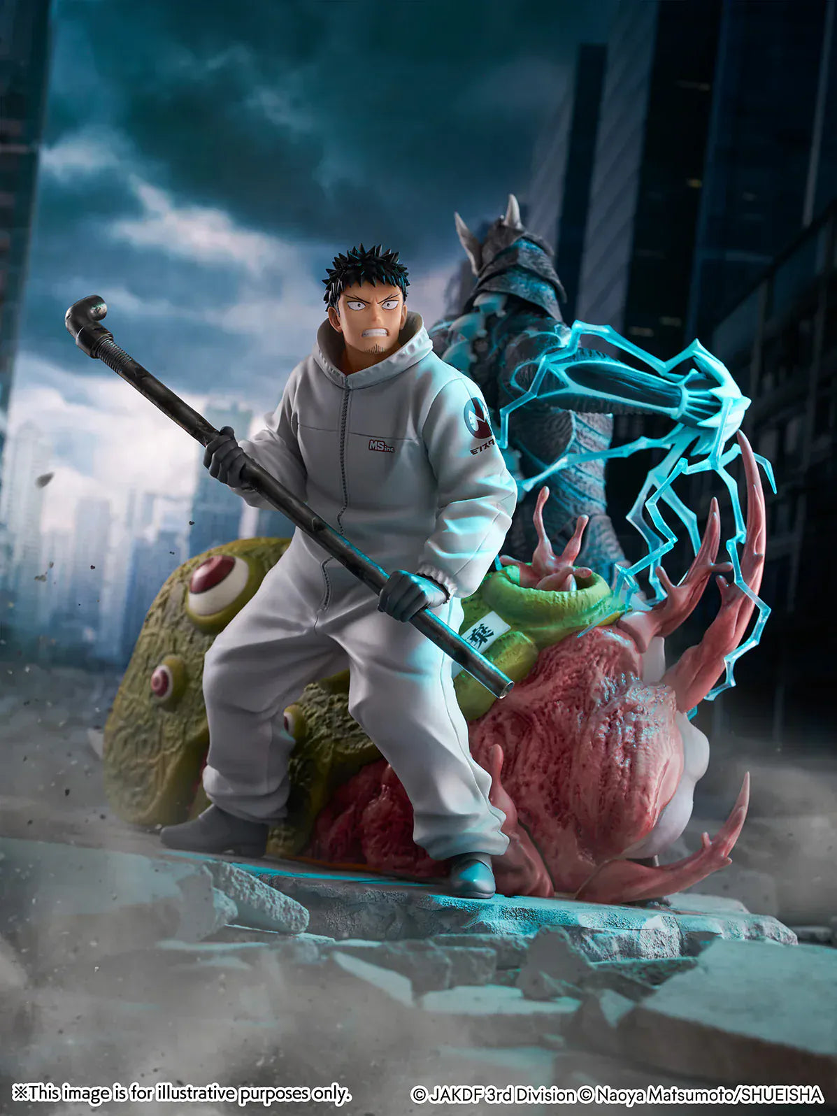 Kaiju No. 8 Kafka Hibino and Kaiju No. 8 1/7 scale figure diorama with Kafka wielding a pipe in front of the transformed kaiju and organic nest base