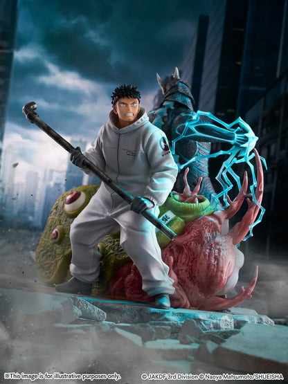 Kaiju No. 8 Kafka Hibino and Kaiju No. 8 1/7 scale figure diorama with Kafka wielding a pipe in front of the transformed kaiju and organic nest base