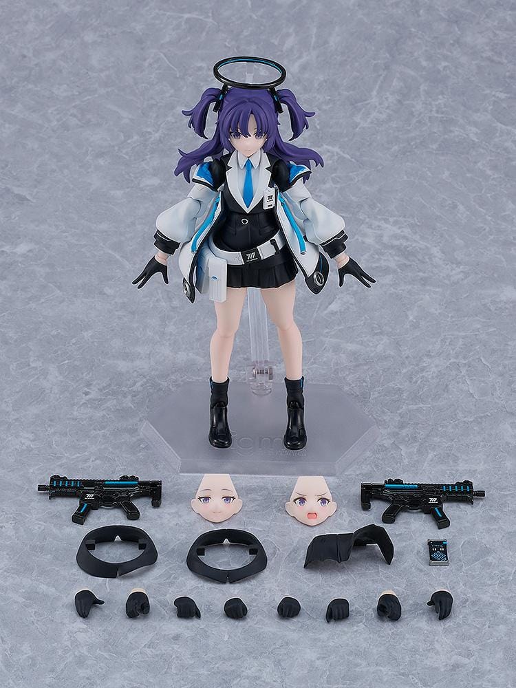 Blue Archive figma Yuuka Hayase Figure Rerelease featuring Yuuka with purple twin tails, academy-style outfit, halo detail, and tactical weapon accessories.