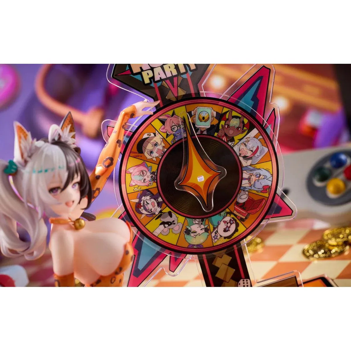 Astral Party Nancy Lu Special Edition 1/6 Scale Figure featuring a black and white-haired anime girl with purple eyes wearing an orange leopard-print bodysuit, animal ears, and a spotted tail, posed beside a colorful roulette wheel with matching illustrated bonuses.