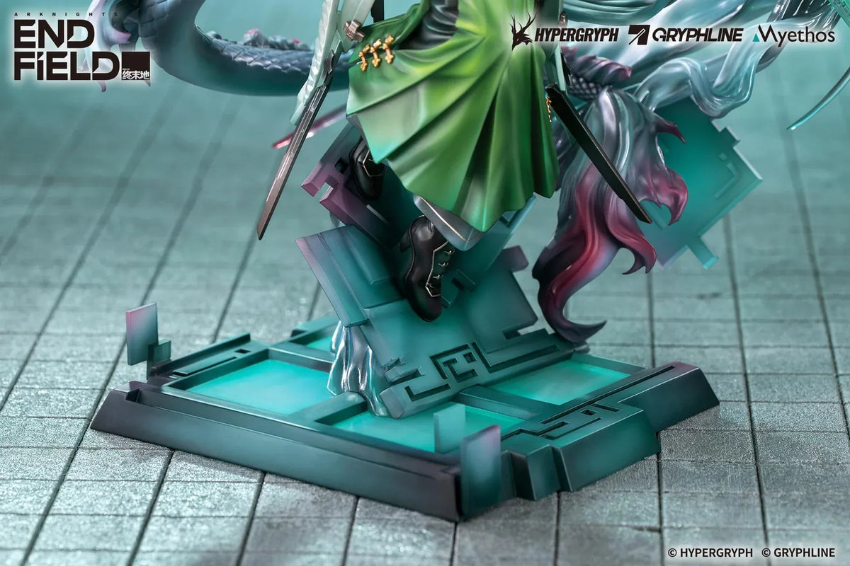 Arknights Endfield Zhuang Fangyi 1/7 scale figure with teal hair and a green outfit, surrounded by a curling dragon and translucent turquoise blades.