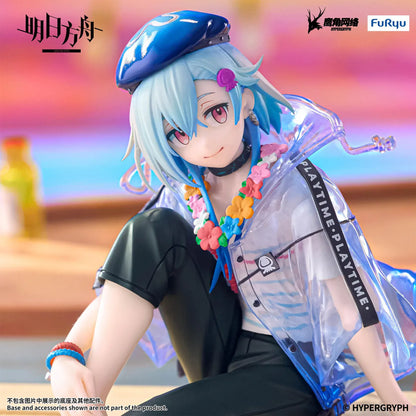 Arknights Mizuki Summer Feast Ver Noodle Stopper Figure with blue hair, translucent jacket, floral necklace, and seated summer pose