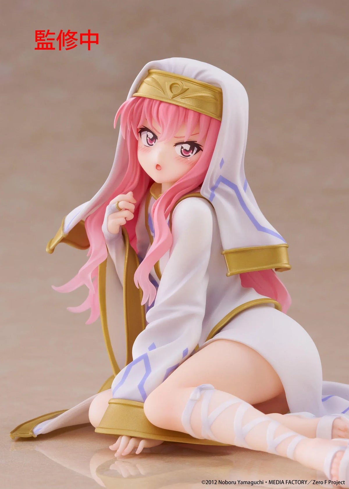 The Familiar of Zero Desktop Cute Louise Miko Outfit Ver. figure seated in a white-and-gold ceremonial outfit with long pink hair.