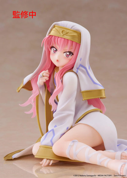 The Familiar of Zero Desktop Cute Louise Miko Outfit Ver. figure seated in a white-and-gold ceremonial outfit with long pink hair.